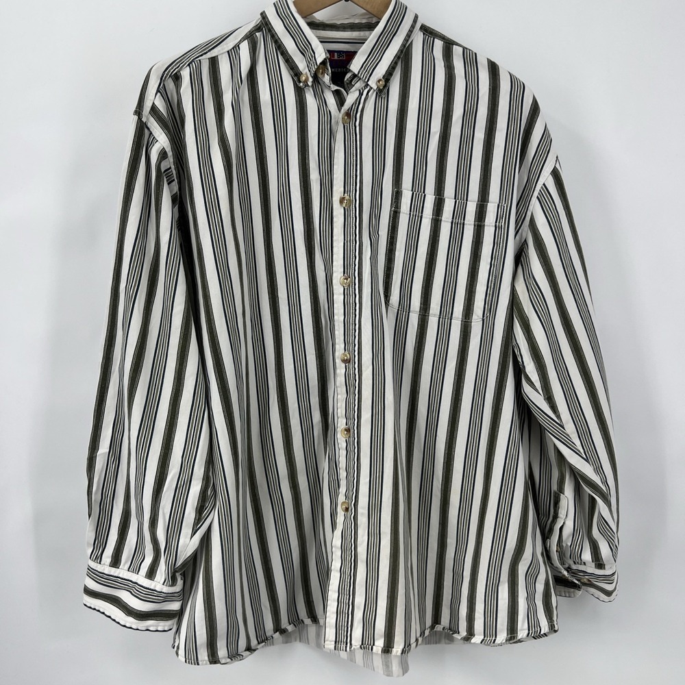 Vtg‎ Y2K Retro Olive Stripe Button Down Men's Shirt Size XL Silenzio 100% Cotton